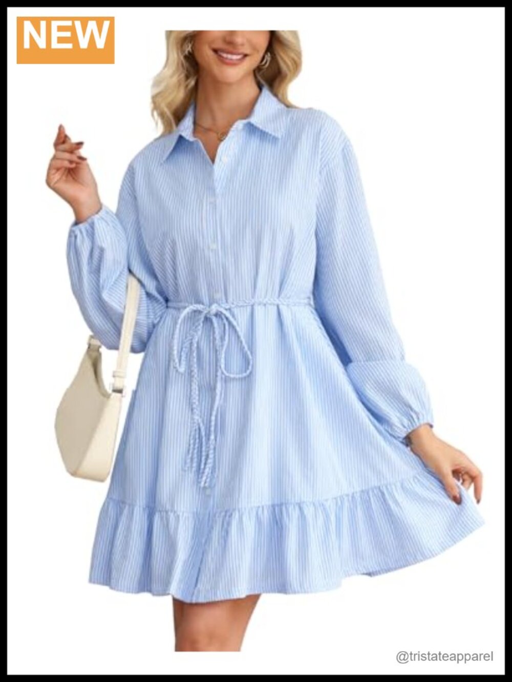 Women Striped Shirt Mini Dress Long Sleeve Button Down Belted Ruffle Hem Tunic